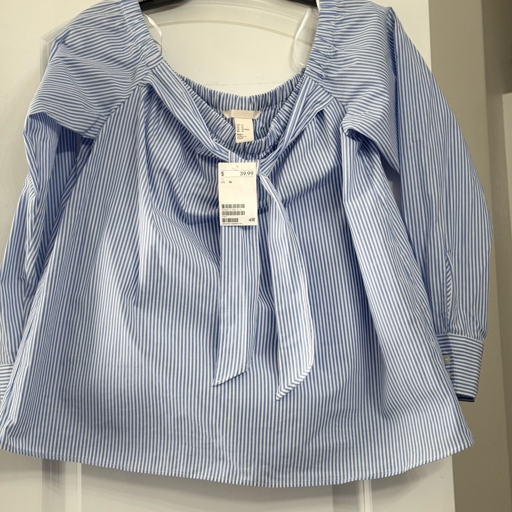 H&M Blue and White Puff Sleeve Blouse with Tie Front